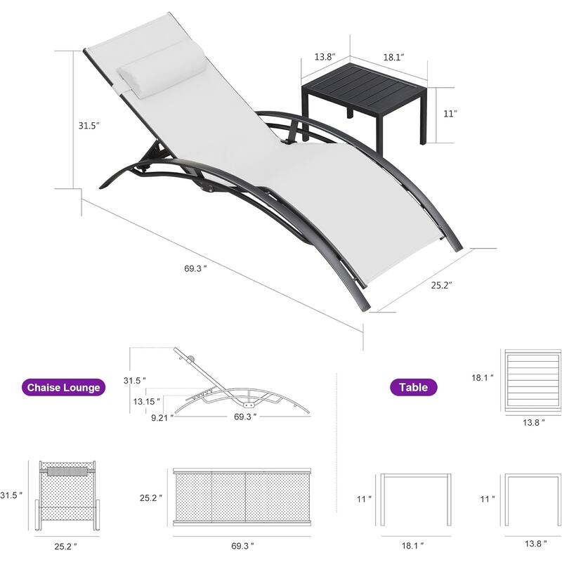 PURPLE LEAF Patio Chaise Lounge Outdoor Beach Pool Sunbathing Lawn Lounger Recliner Chair - 19.3"D x 22.4"W x 36"H - Beige（with arm）
