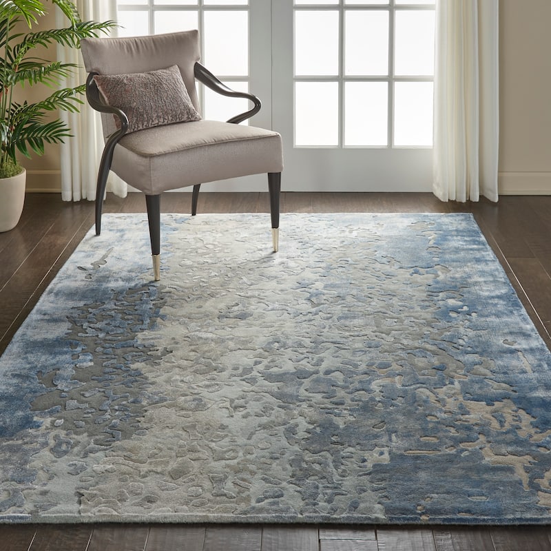 Nourison Prismatic Shimmering Carved Blue Ivory Abstract Area Rug
