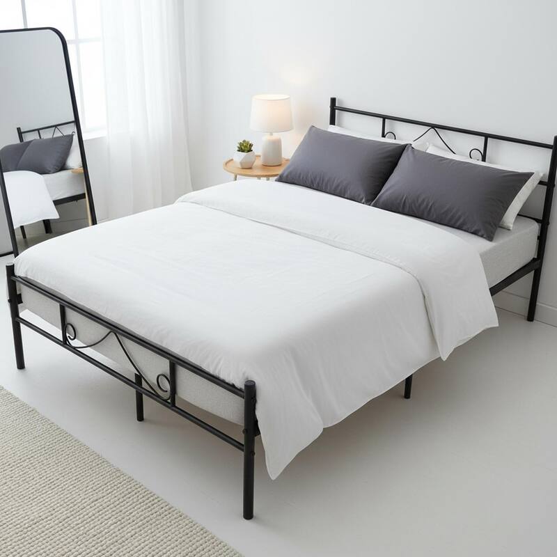 Homy Casa Full Size Metal Bed Frame with Clip-In Slats, Center Support, 12" Storage, Noise-Free Platform Bed, No Box Spring - Black