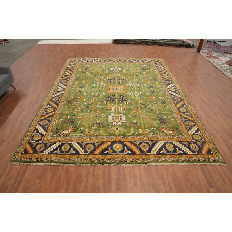 Hand Knotted Oriental 100% Wool Carpet Transitional All-Over Green Oushak Area Rug - 14' 10'' X 11' 9''