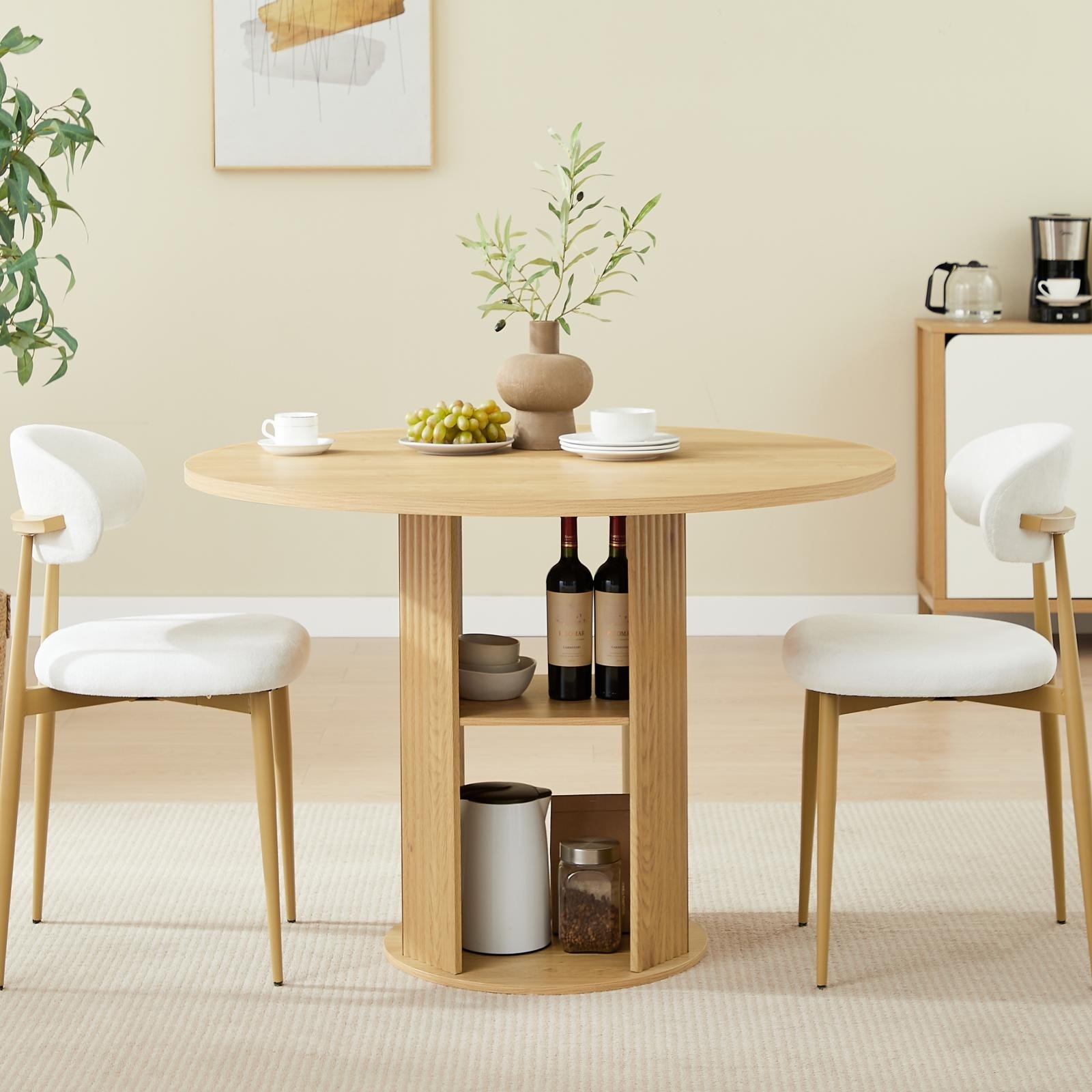 31.5" Round Dining Table Set (Serves 2-4) | Modern Farmhouse 3-Piece with 2 Upholstered Chairs, Double-Tier Storage, Waterproof