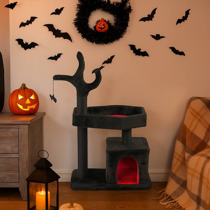 44" Gothic Cat Tree Tower with Condo, Coffin, Scratching Posts & Toys - 26.8 x 15.7 x 44.5 In
