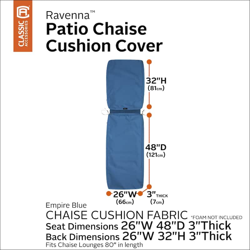 Classic Accessories Ravenna Water-Resistant Patio Chaise Cushion Cover, 80 x 26 x 3 Inch - Empire Blue