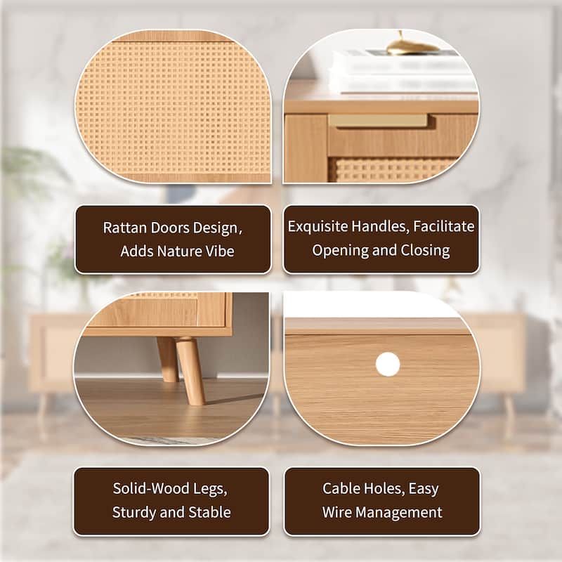 Boho Rattan TV Stand Media Console Table TV Cabinet for TVs up to 85", Natural