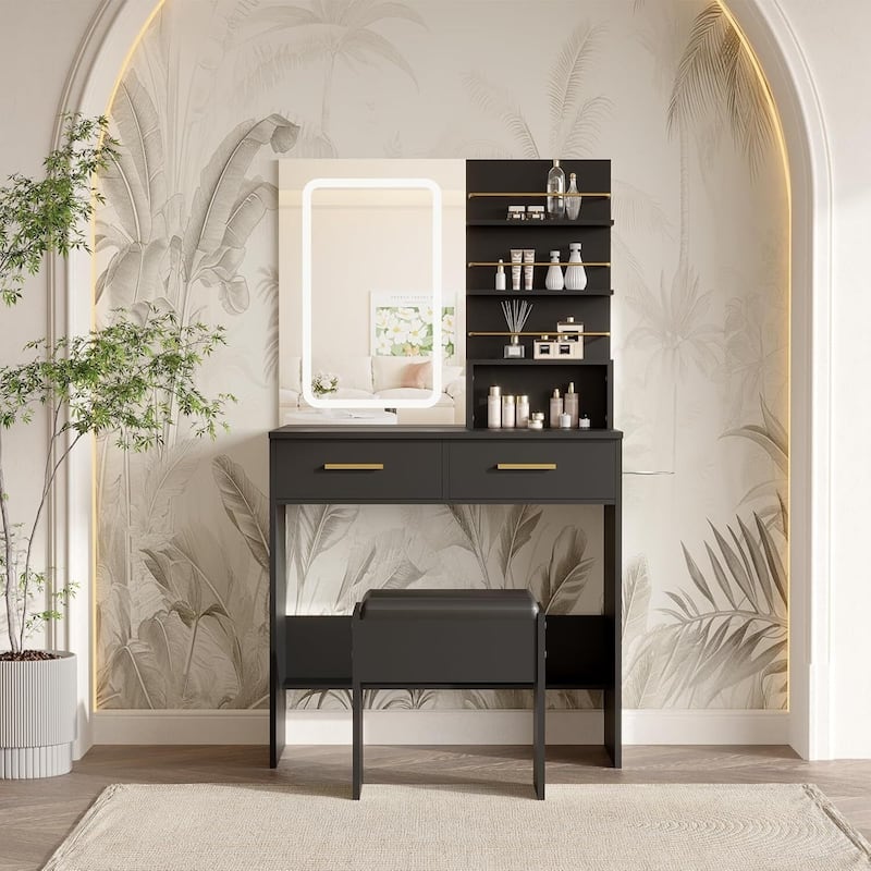2 DrawersMakeup Vanity Desk Set with Mirror, Lights, Open Storage Shelves