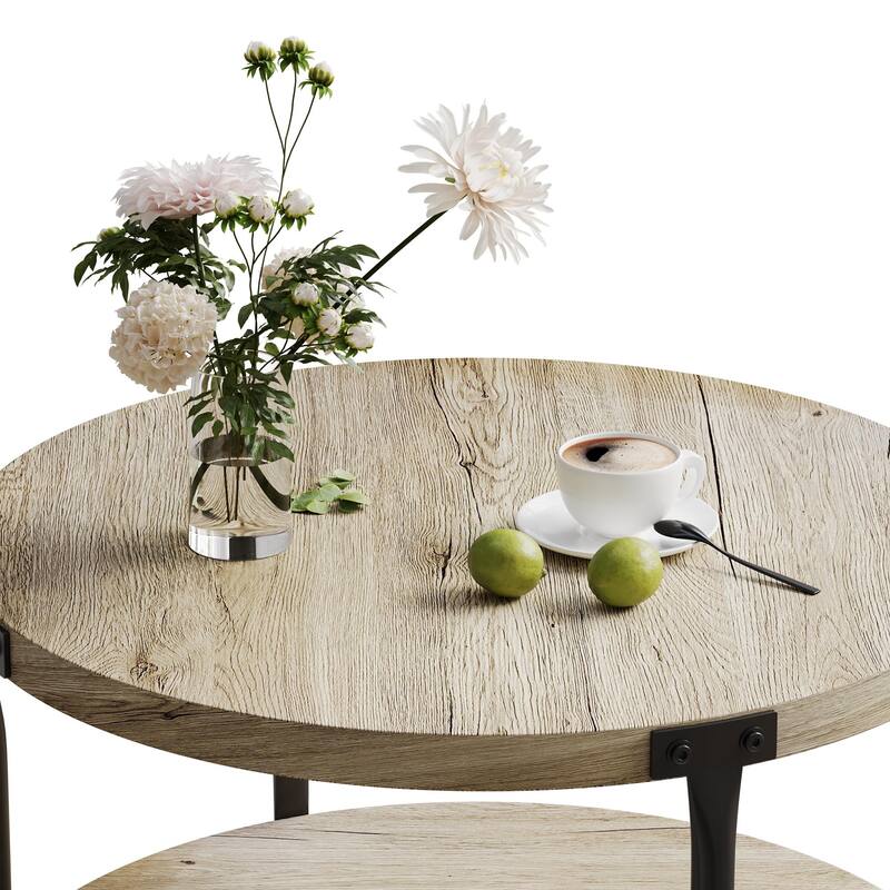 Wooden Round Dining Table with Double Layers, Coffee Table Side Table with Metal Legs for Dining Room