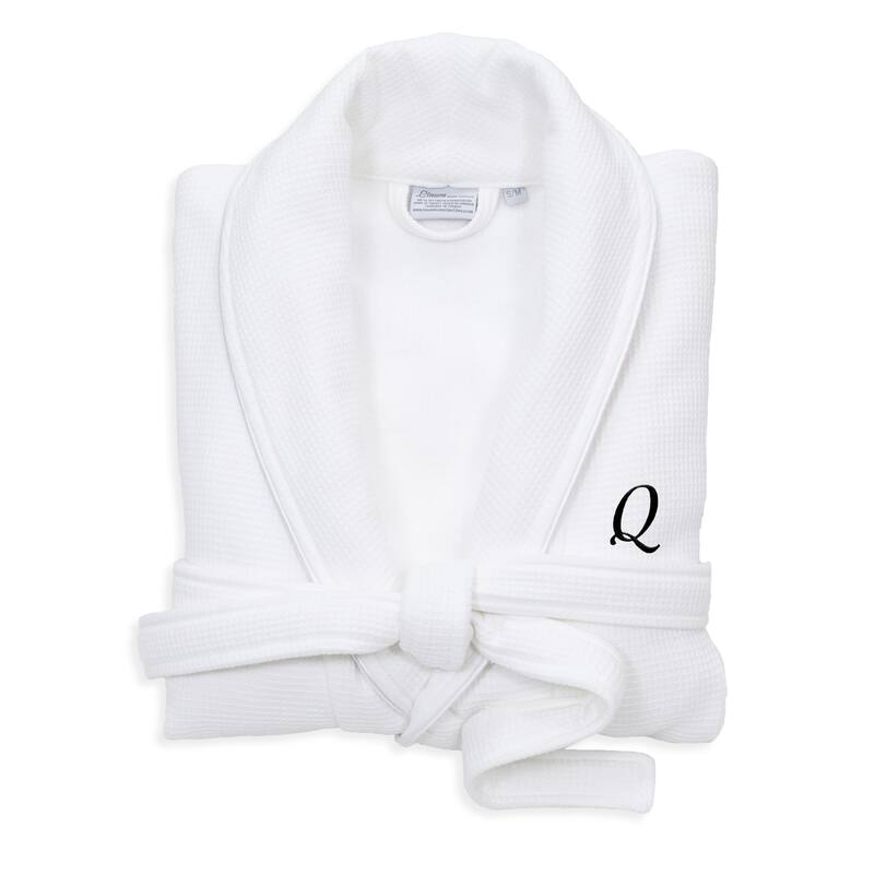Authentic Hotel and Spa White Unisex Turkish Cotton Waffle Weave Terry Bath Robe with Black Script Monogram - S/M - Q
