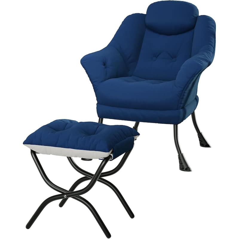 Lazy Chair, Ergonomic Reading Armchair Foldable Footrest, Modern Lounge Chair Removable Washable Cover - Blue