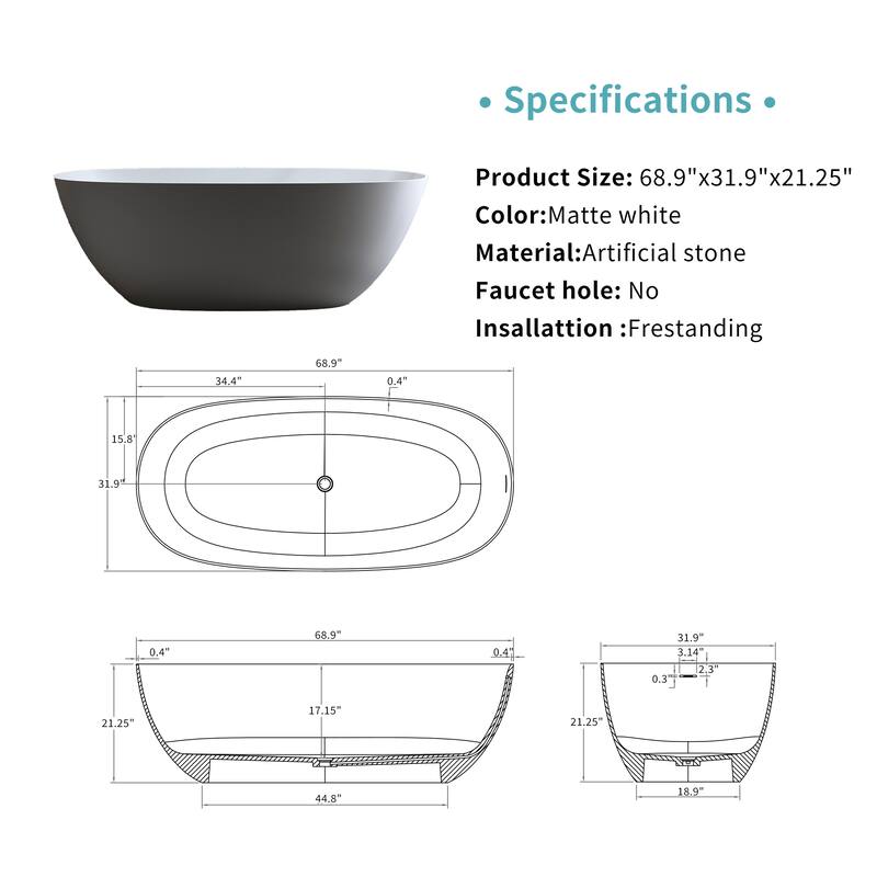 Luxury Solid Surface Freestanding Soaking Bathtub with Center Drain and Pop-up Drain, Modern Beige Tub with Overflow