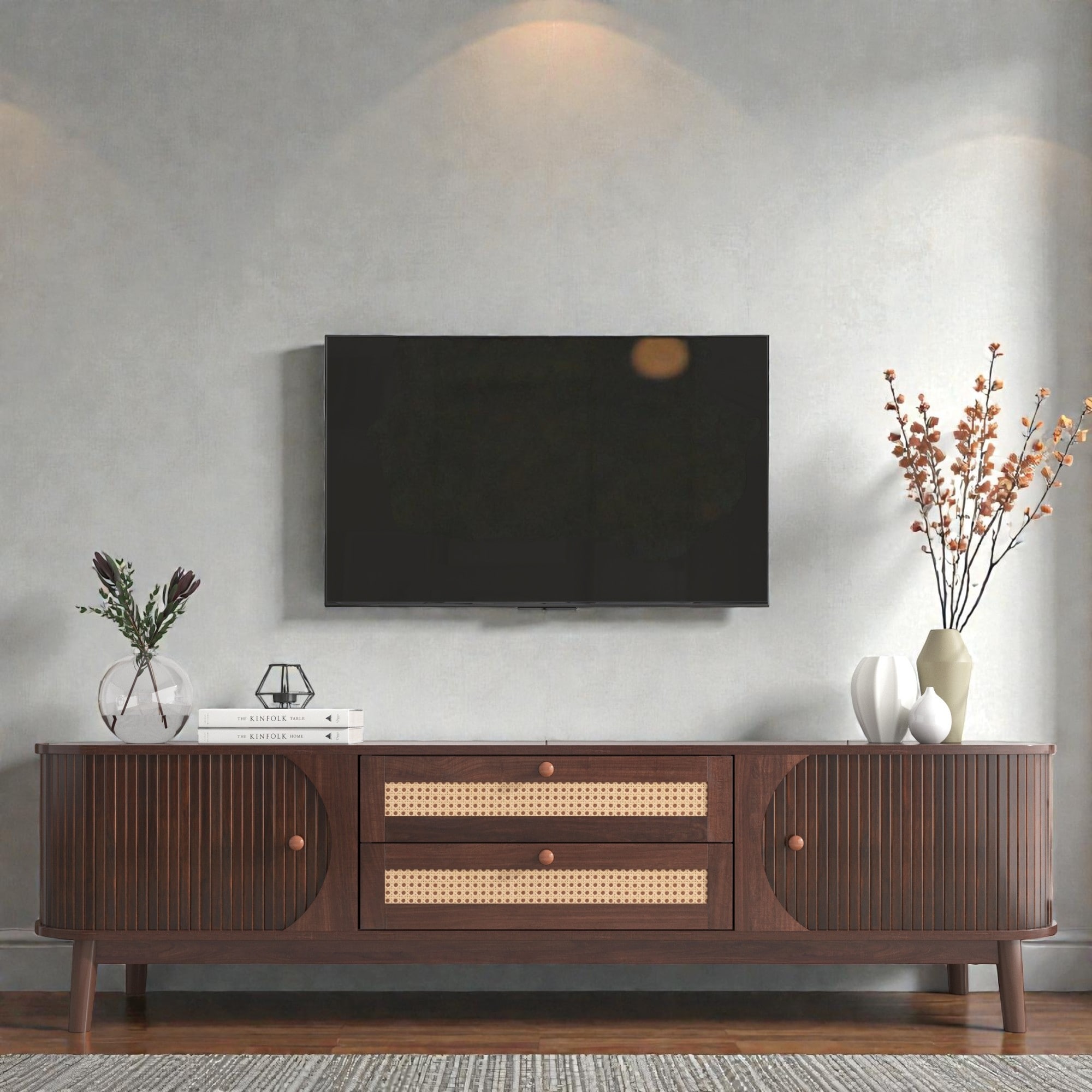Rattan TV Stand for TVs up to 75'', Modern Farmhouse Entertainment Center with Solid Wood Legs and Storage Cabinets