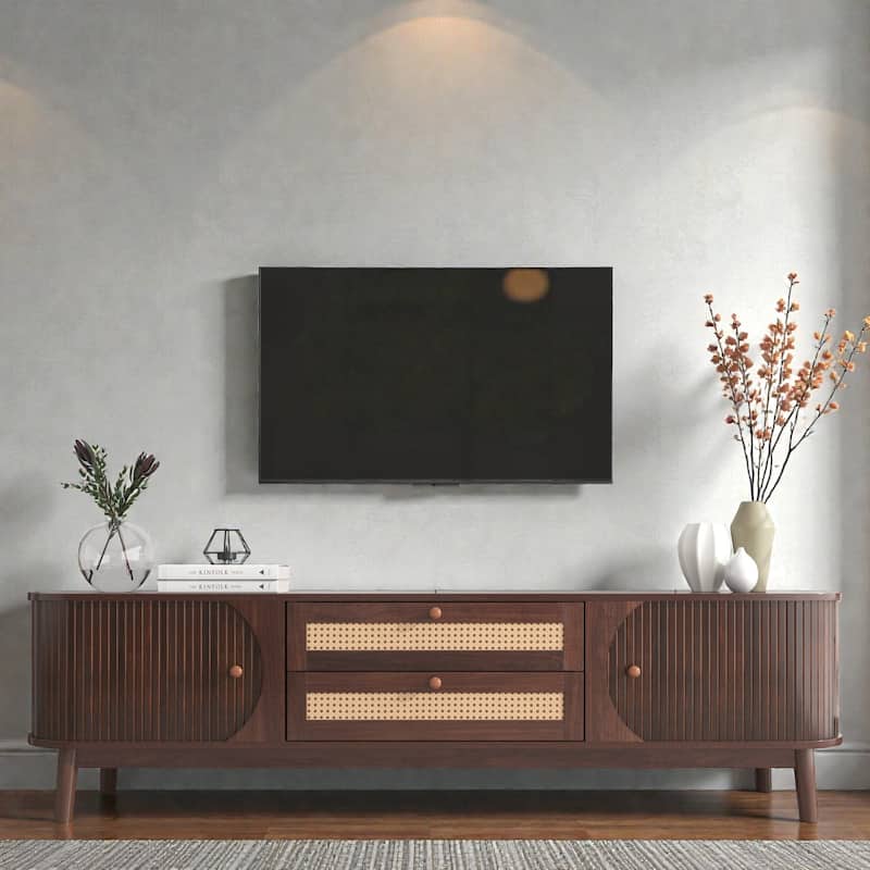 Rattan TV Stand for TVs up to 75'', Modern Farmhouse Entertainment Center with Solid Wood Legs and Storage Cabinets - Brown