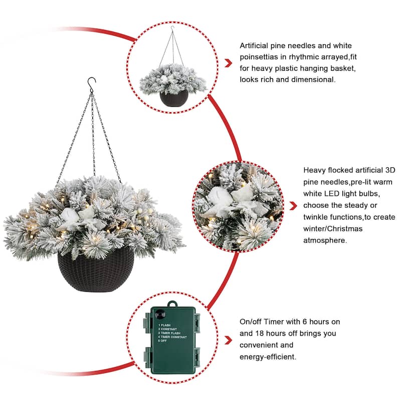 Glitzhome 2PK Pre-Lit Flocked Christmas Artificial Floral Hanging Baskets with Timer