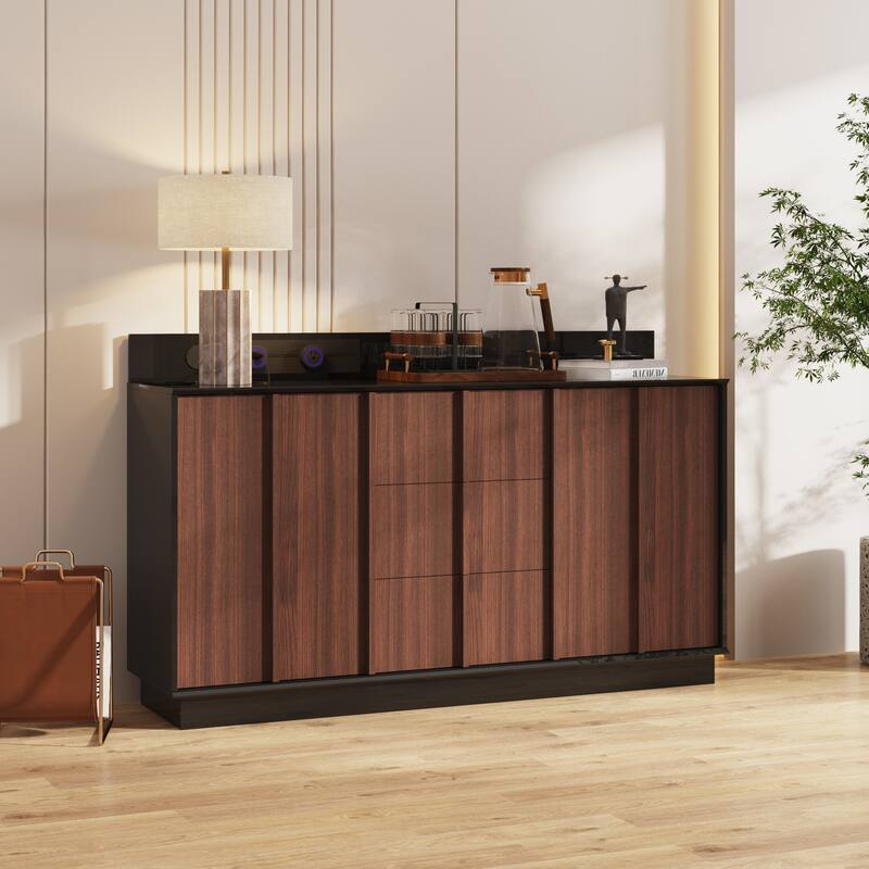 Modern Black High-Gloss Sideboard Buffet Cabinet with Coffee Wood Grain Doors, Sliding Power Outlet & Cable Management Box