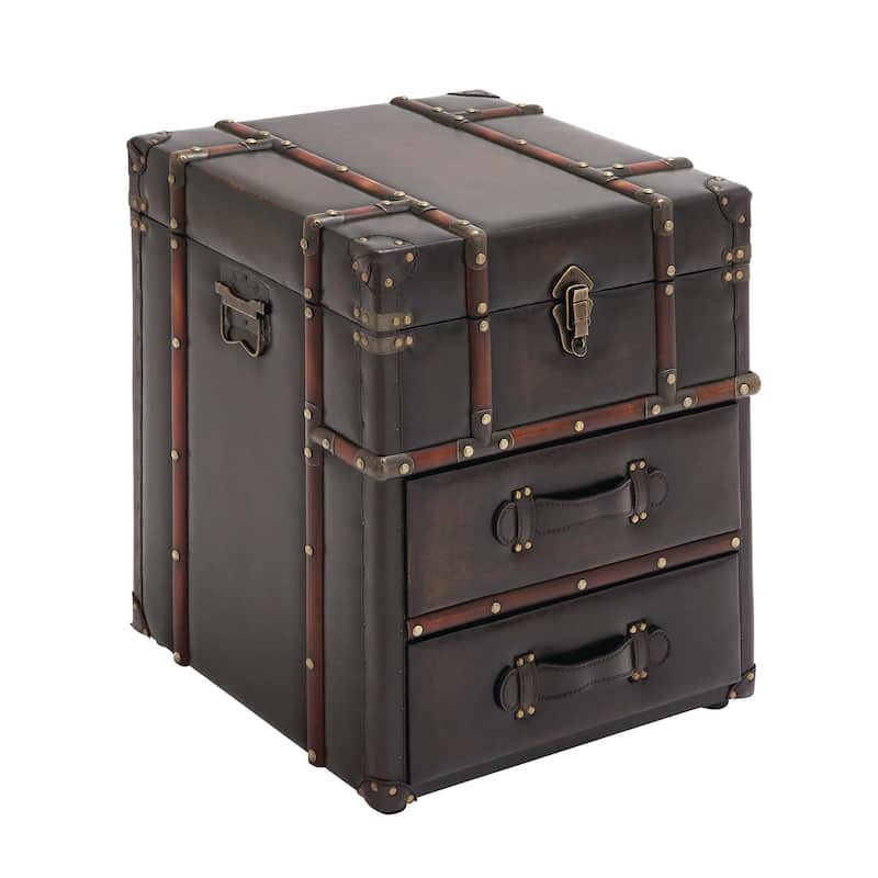 Faux Leather Vintage 2 Drawer Accent Table with Buckle Hinged Top - Dark Brown - Roche River Decor