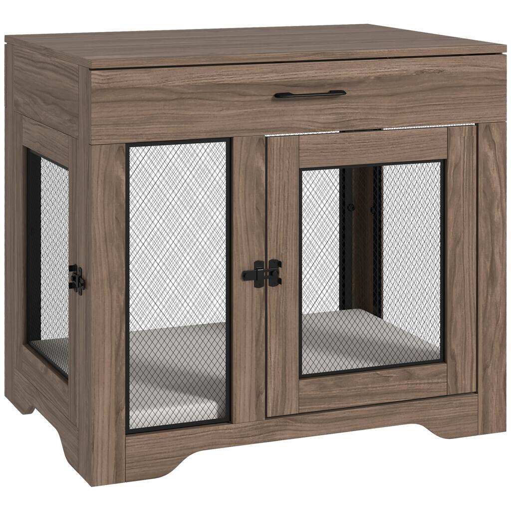 Modern Dog Crate End Table with Removable Cushion, Drawer Storage, for Small Dogs, Indoor 2-Door Pet Crate