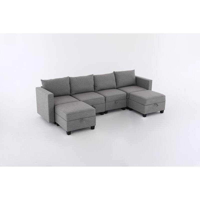 110.3" Burlap Modular U-Shaped 6-Seater Sectional Sofa with Reversible Chaise, Built-in Storage and Convertible Design