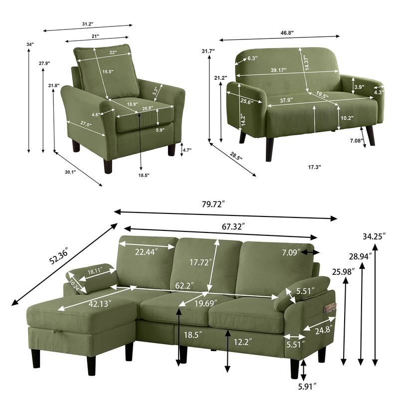 4 Pieces Corduroy Living Room Sets with Sofa, Ottoman and Loveseat