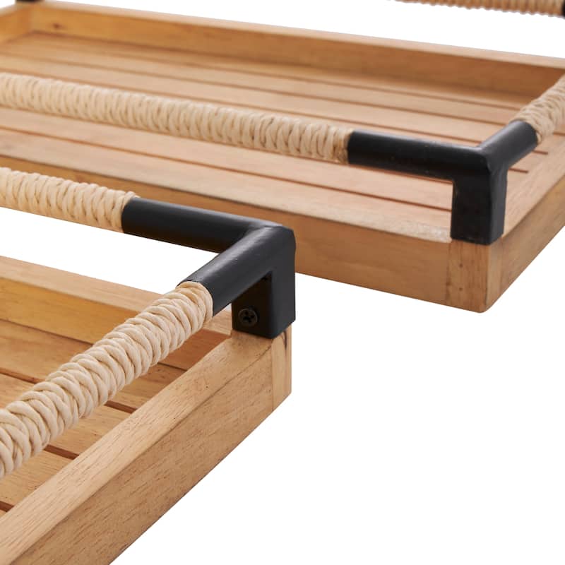 Wood Slatted Tray with Elevated Woven Sides and Black Metal Corners - Set of 2 Brown - Roche River Decor - 12"W x 19"L x 3"H