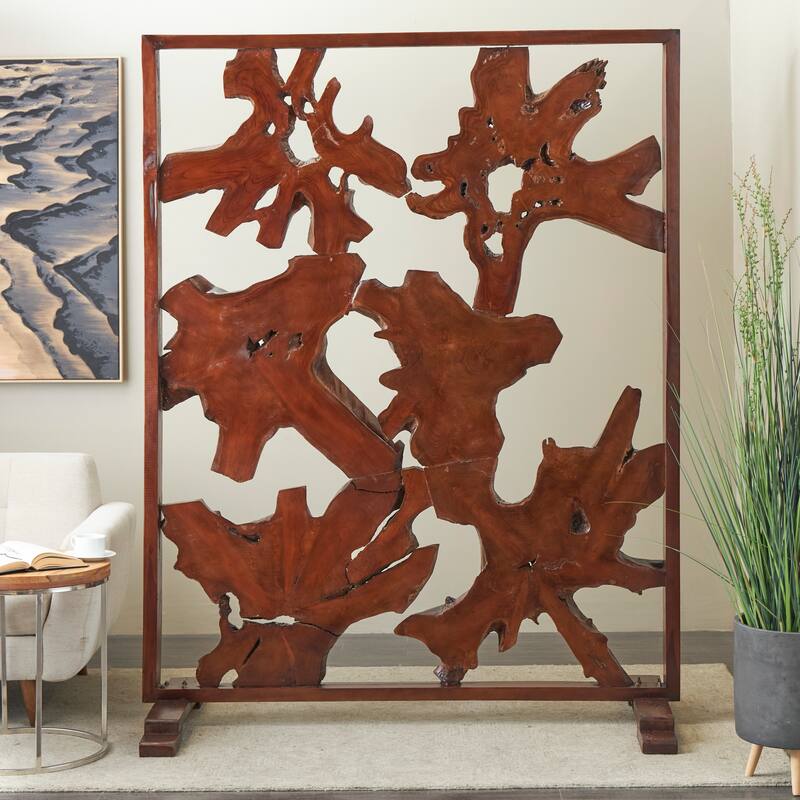 Brown Teak Wood Handmade Tall Live Edge Freestanding Room Divider Screen with Large Tree Trunk Pieces - Brown - 63"W, 82"H