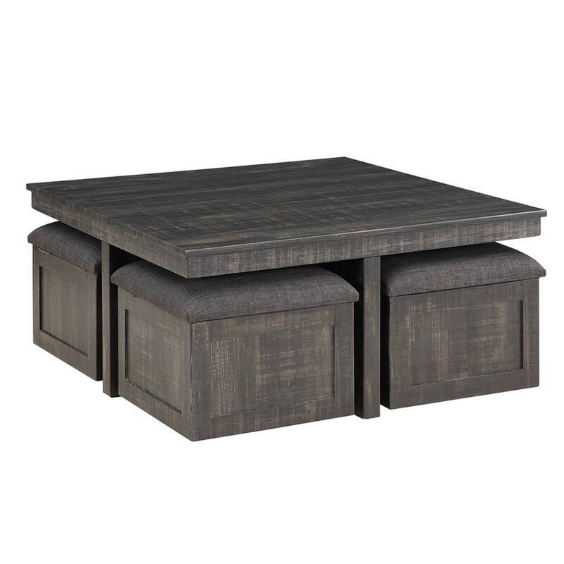 Mizo 5 Piece Coffee Table Set, 4 Nesting Storage Ottomans, Gray Oak Finish