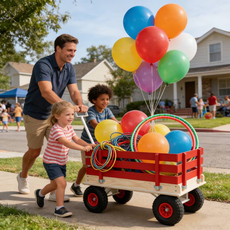Wooden Garden Cart with Inflatable Wheels - All-Terrain Children's Hauler for Camping & Yard, Red