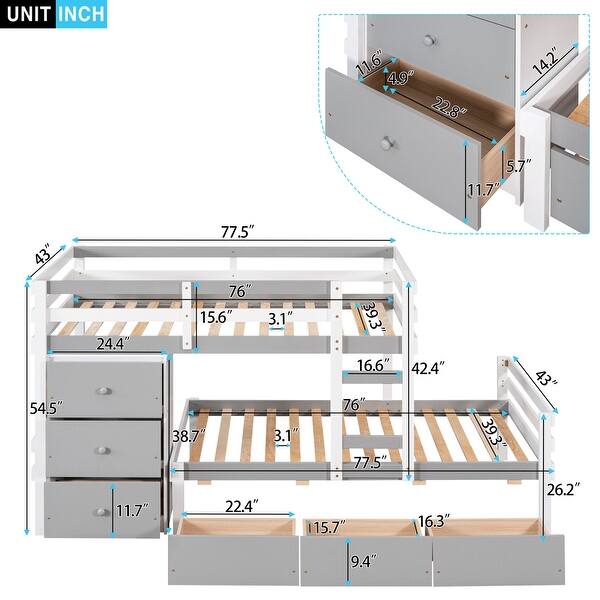 dimension image slide 0 of 2, Twin over Twin Loft Bunk Bed with Drawers and Ladder