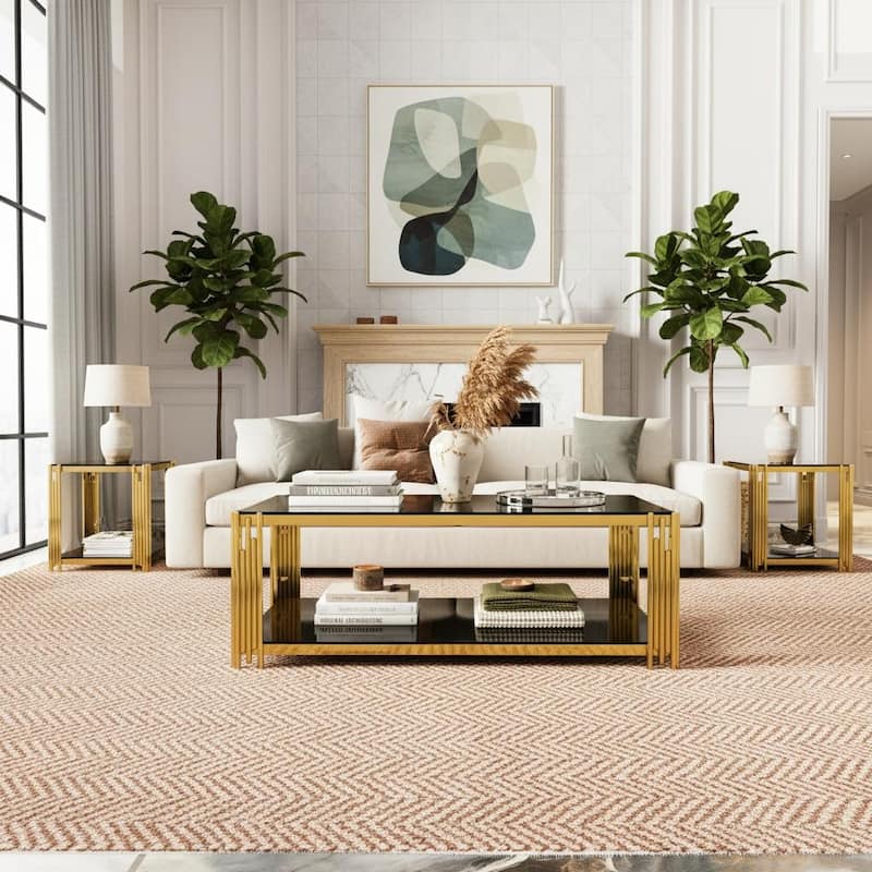 3-Piece Gold & Glass Living Room Table Set with Asymmetrical Metal Frames and Lower Shelves by Harper&Bright Designs - Black