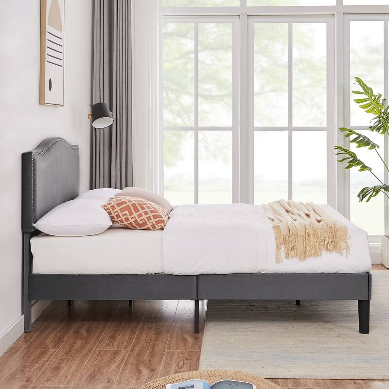 VECELO, Upholstered Platform Bed Frame with Nailhead Headboard Twin Full Queen Size Bed-Grey