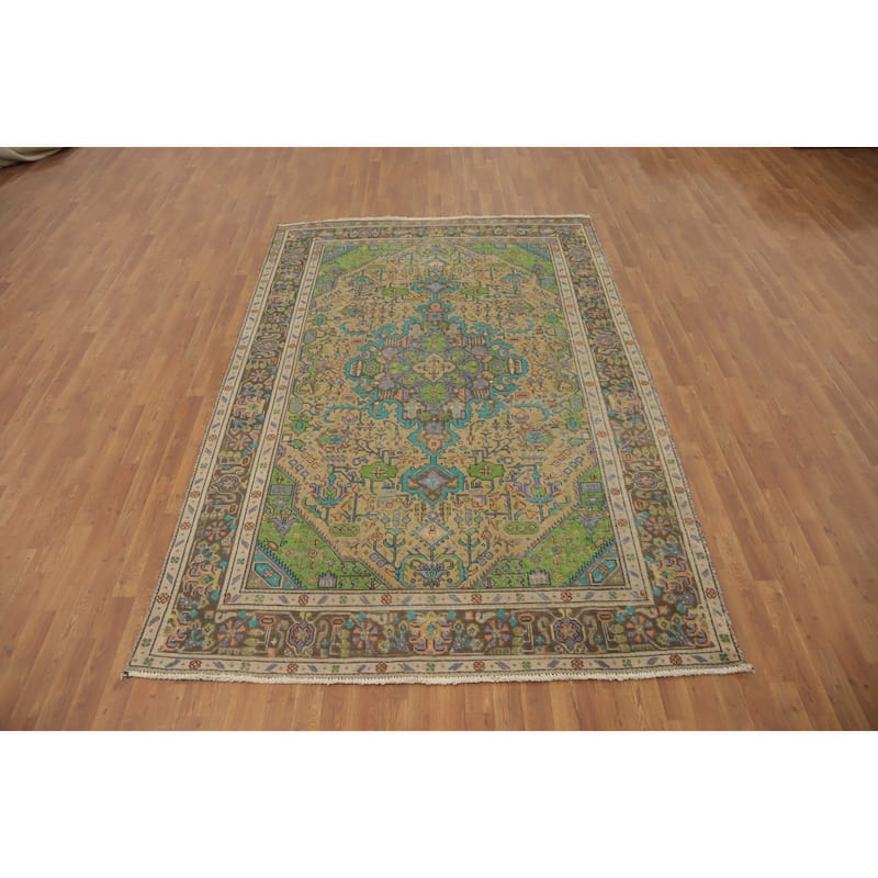 Hand Knotted Oriental 100% Wool Carpet Traditional Distressed Brown Tabriz Area Rug - 9' 5'' X 6' 4''