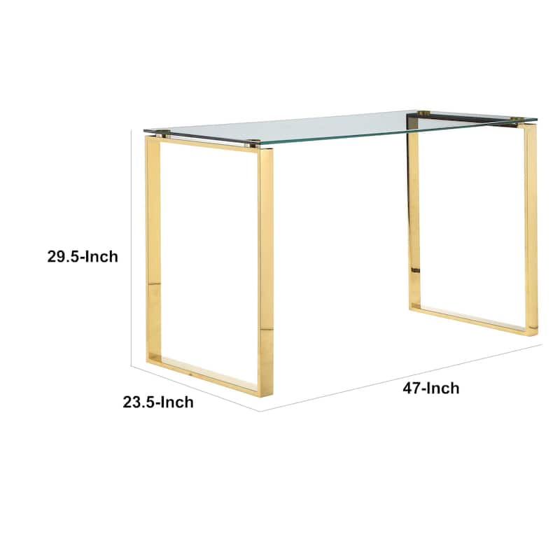 47 Inch Modern Office Desk, Clear Tempered Glass, Gold Sled Steel Frame