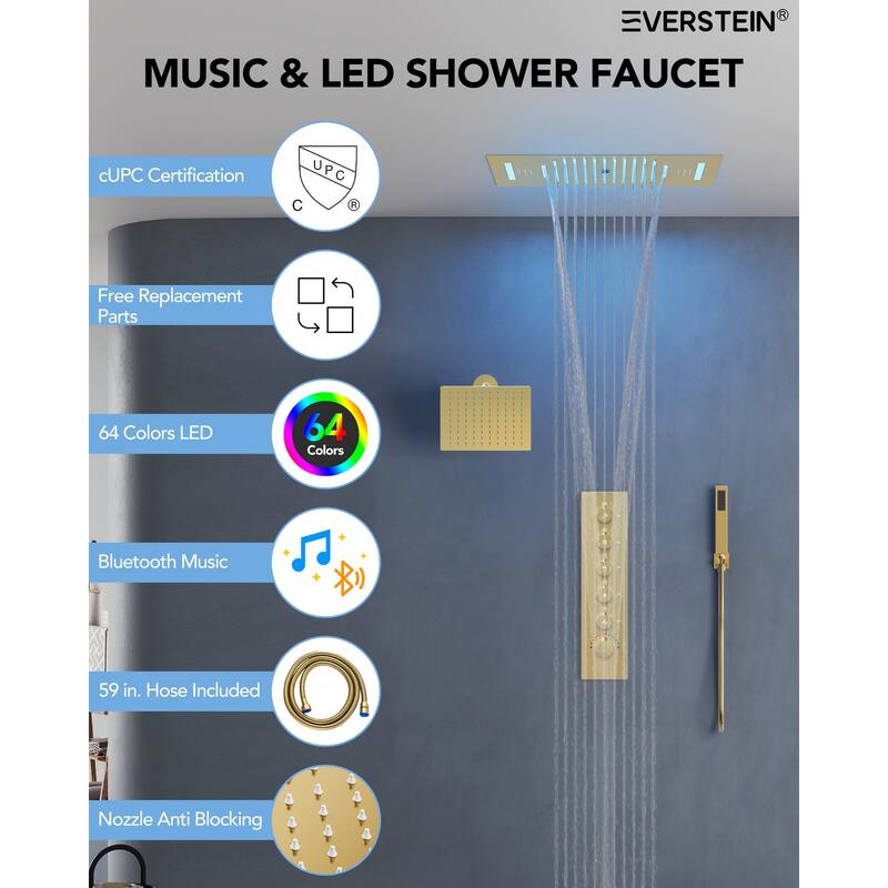 Dual Heads 20" Thermostatic Shower System, 64-Color LED Mood Lighting 3-Functions Shower Head with Bluetooth Music