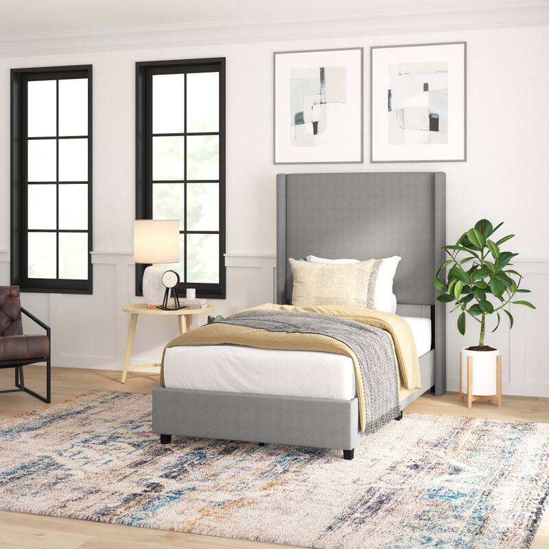 Upholstered Platform Bed with Channel Stitched Headboard - Gray - Twin
