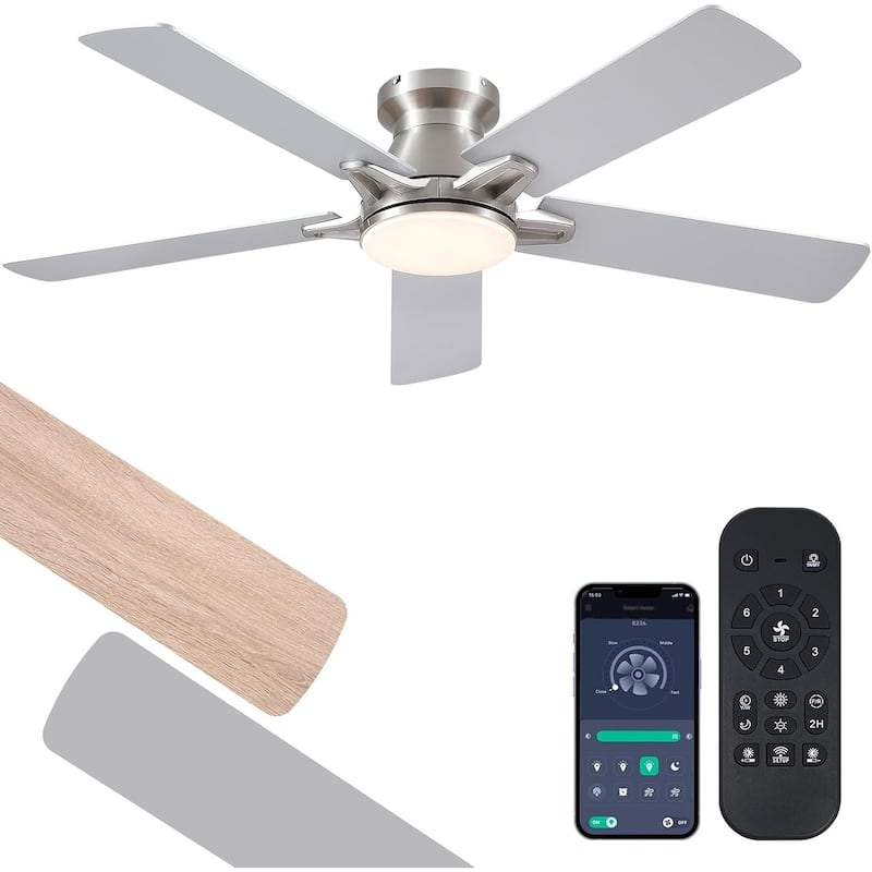52 Inch Flush Mount Ceiling Fan with Light and Remote,5 Dual Side Blades for Living Room Bedroom Kitchen - 52 Inches - Nickle