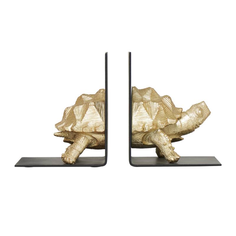 CosmoLiving by Cosmopolitan Brass Polystone Turtle Decorative Bookends with Black Stands (Set of 2)