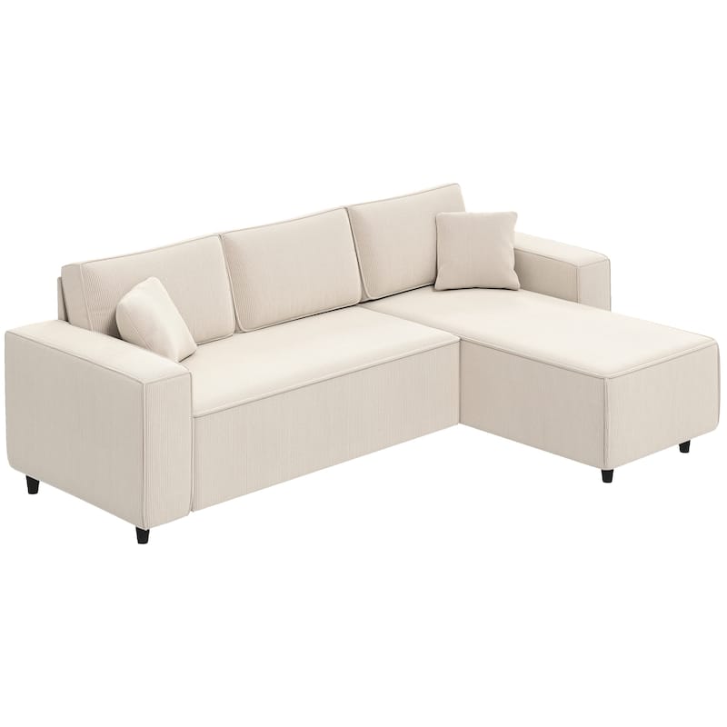 HOMCOM 95" Sectional Sofa with Reversible Chaise Lounge, L-Shaped Corner Sofa with Corduroy Fabric, Pocket Spring, 2 Pillows - White