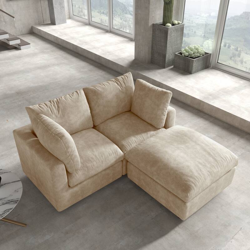 Modern Loveseat Couch with Ottoman Chenille Modular Sectional Sofa Removable Cover, Spring Cushions, Solid Wood Frame - Khaki