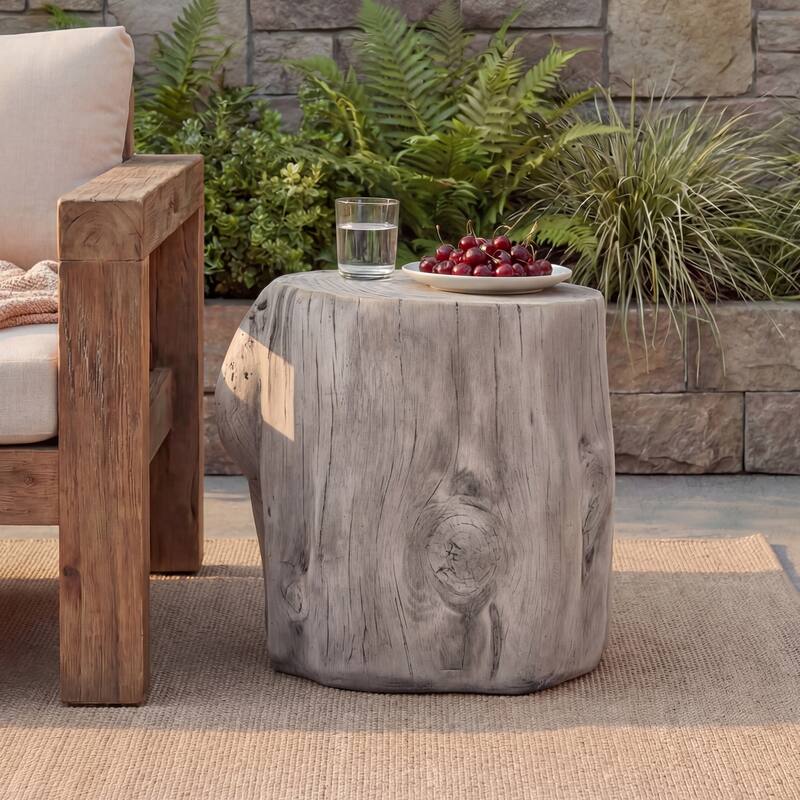 Christopher Knight Home - Alder 16.54"H Outdoor Rustic Faux Wood Tree-Stump MGO Side Table, Fully Assembled - 17.32" - Grey
