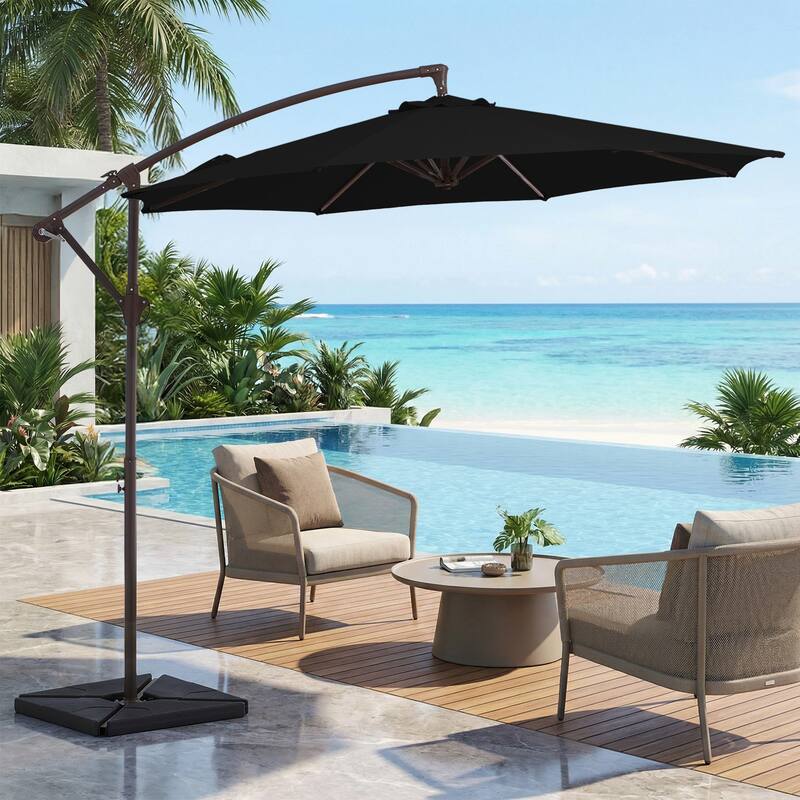 10 ft Steel Crank-lift Cantilever Umbrella With Weighted Base - Black