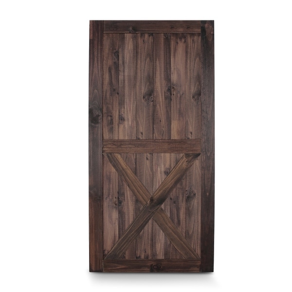BELLEZE 42in x 84in Single X-Frame Sliding Barn Door Unfinished Solid Knotty Pine Wood Panelled Slab Assemble, Espresso