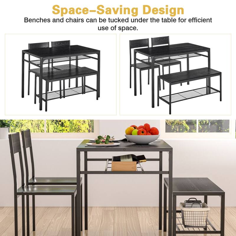VECELO 43.3" Dining Table Set with Bench, Kitchen Table for 4, Modern Metal Frame Dining Furniture Set for Small Space