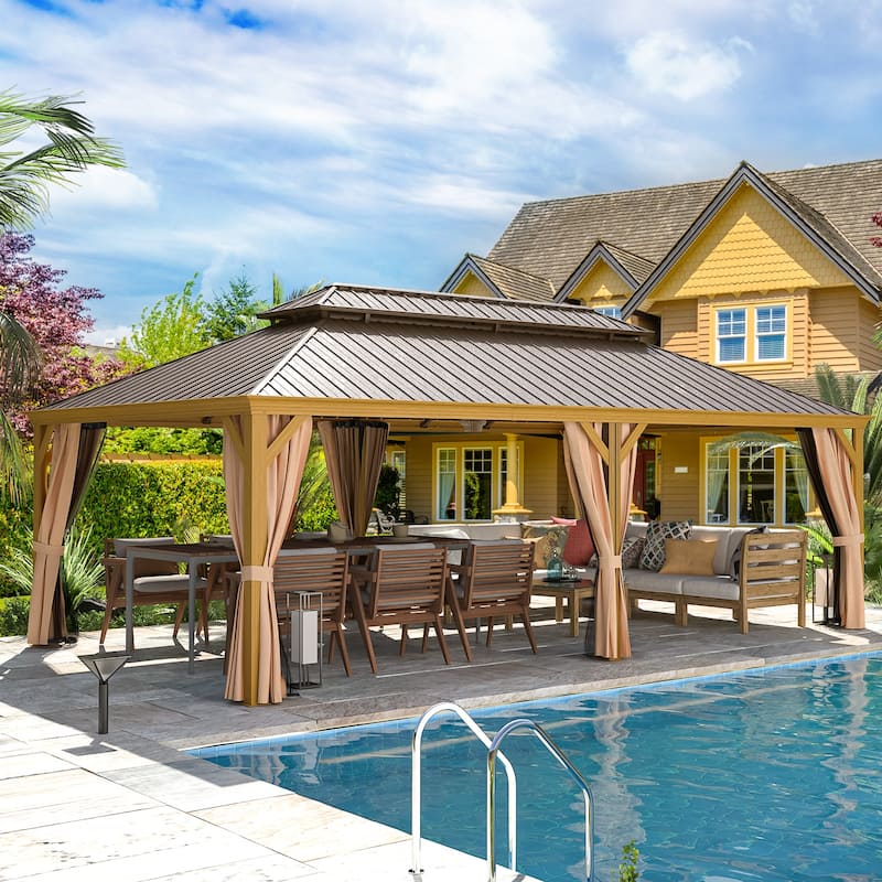 Outdoor Galvanized Steel Roof Gazebo Pergola w Wooden Coated Alumninum Frame, Privacy Curtains and Nettings Include - 14'x24' - Rain Gutter