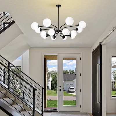 16-Light Mid-Century Modern 2-Tier Large Round Sputnik Glass Globe Chandelier with Milky White Glass Globe Shade