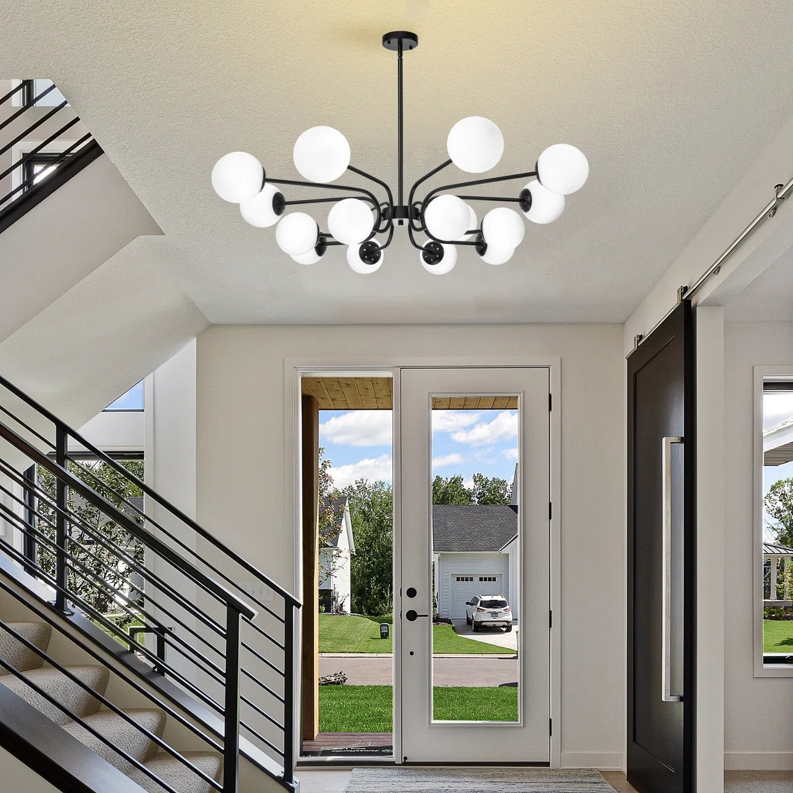 16-Light Mid-Century Modern 2-Tier Large Round Sputnik Glass Globe Chandelier with Milky White Glass Globe Shade