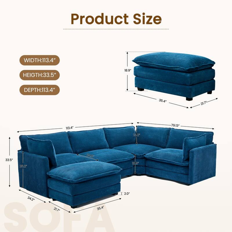 5-Seater Corduroy Sectional Sofa with a Removable Ottoman & Corner Seat, Soft & Comfortable - 4 Seats with 1 Ottoman