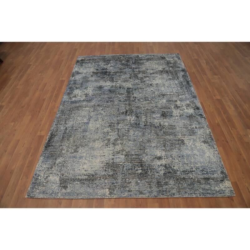Hand Knotted Oriental Viscose Silk Carpet Modern All-Over Greys & Charcoal Abstract Area Rug - 7' 8'' X 5' 6''