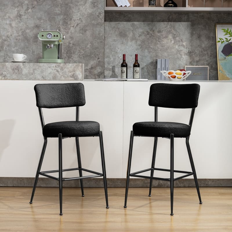 Mixoy 24"Counter Height Modern Teddy Fleece Bar Stools with Metal Legs - Set of 2 - Black with black legs - Counter Height