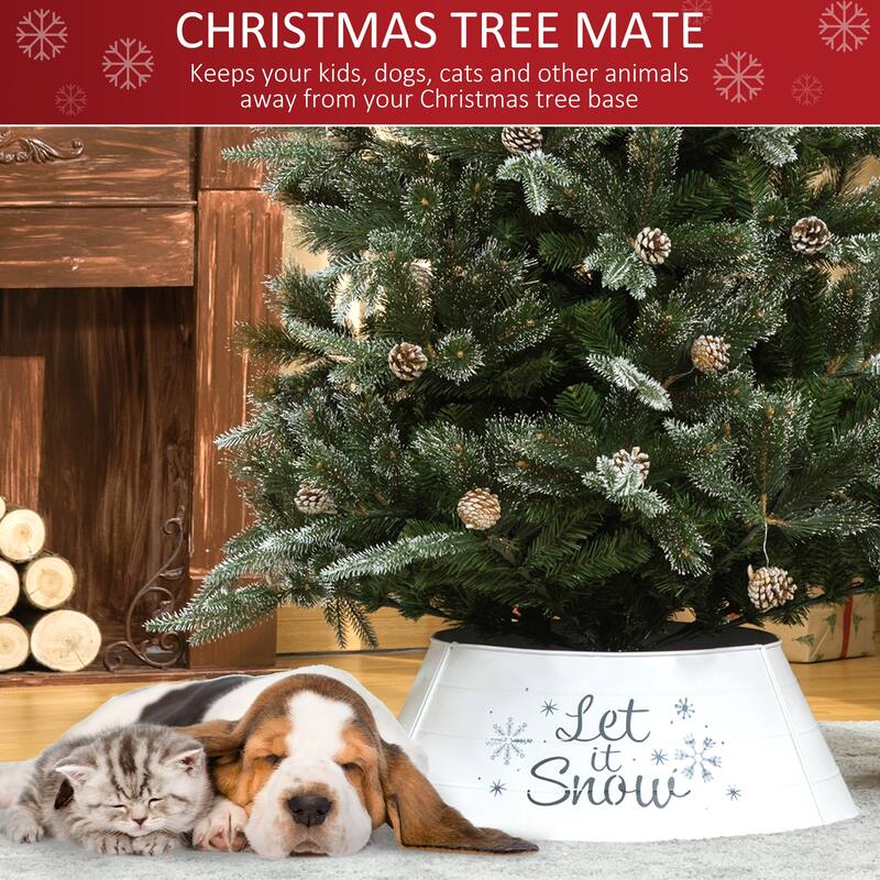 White Christmas Tree Collar with Black “Let it Snow” Design and Metal Base Cover for Holiday Decor - 26" x 9" H