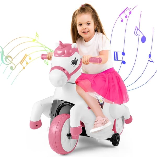 slide 2 of 27, Gymax 12V Kids Ride on Unicorn Toy w/ Training Wheels Music One-button Pink