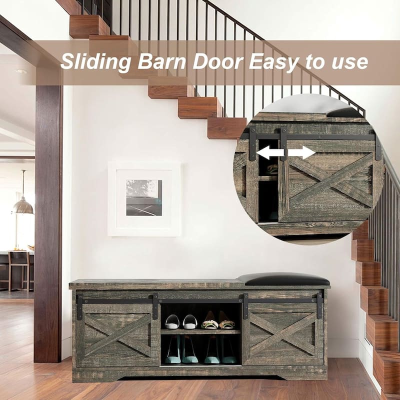 WESOME 47 inch Shoes Bench with Sliding Barn Door Storage Cabinet and Adjustable Shelves - 47.24"Lx15.35"Dx18.7"H