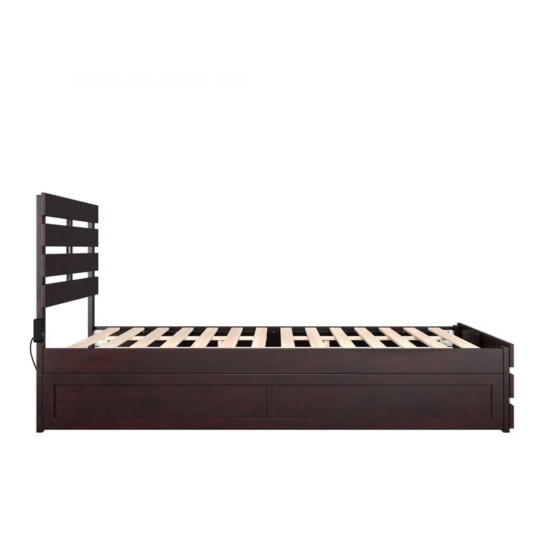 Twin Trundle Bed with Footboard - Espresso Finish, Modern Farmhouse Style, Solid Wood Frame